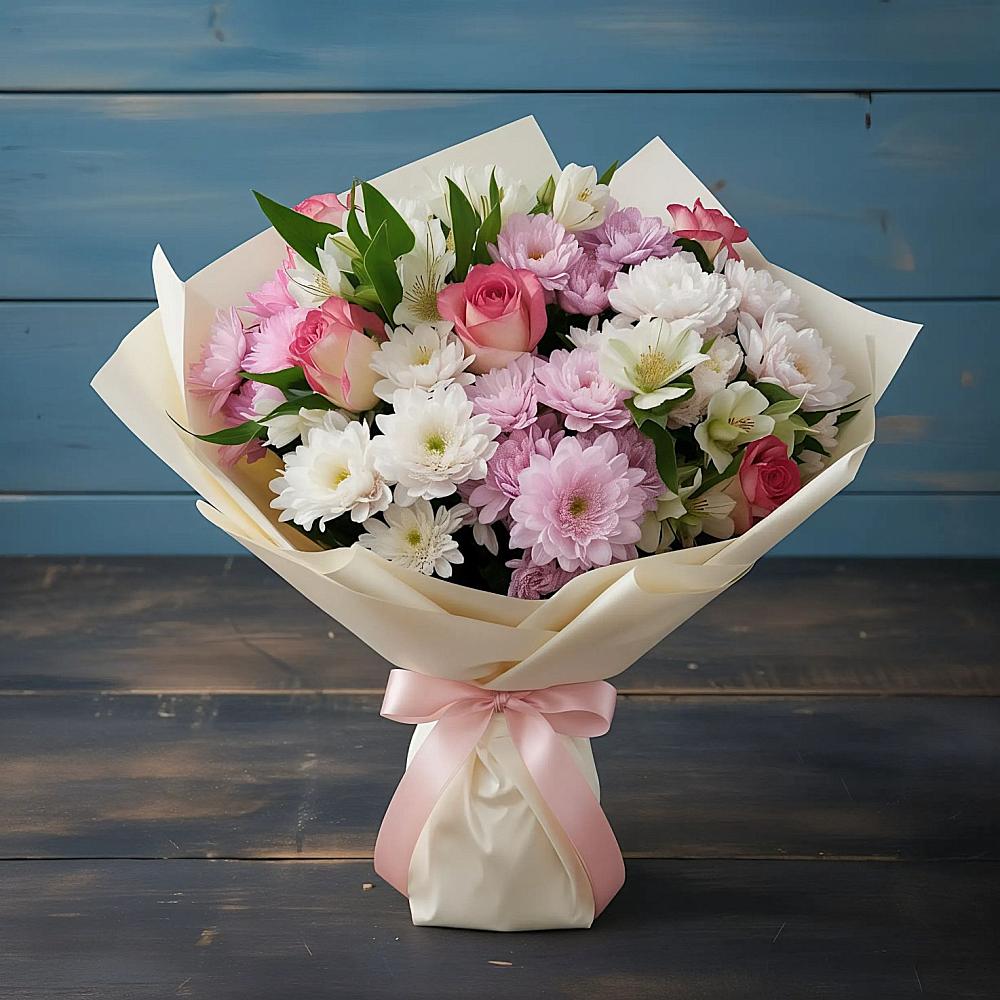 Букет цветов из: Хризантемы, Альстромерии и Розы в Головково